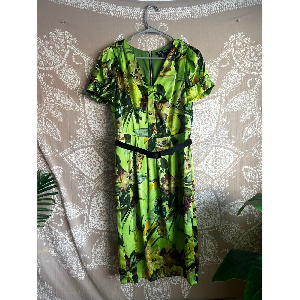 Etcetera "Pastoral" Green Silk Charmeuse Floral Retro 30s Sheath Dress 4 $358